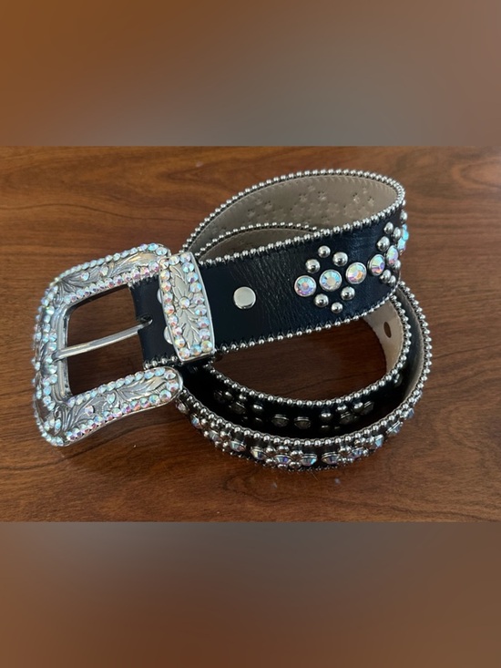 B.B. Simon Black Swarovski Crystal Studded Leather Belt Western Rhinestone Y2K